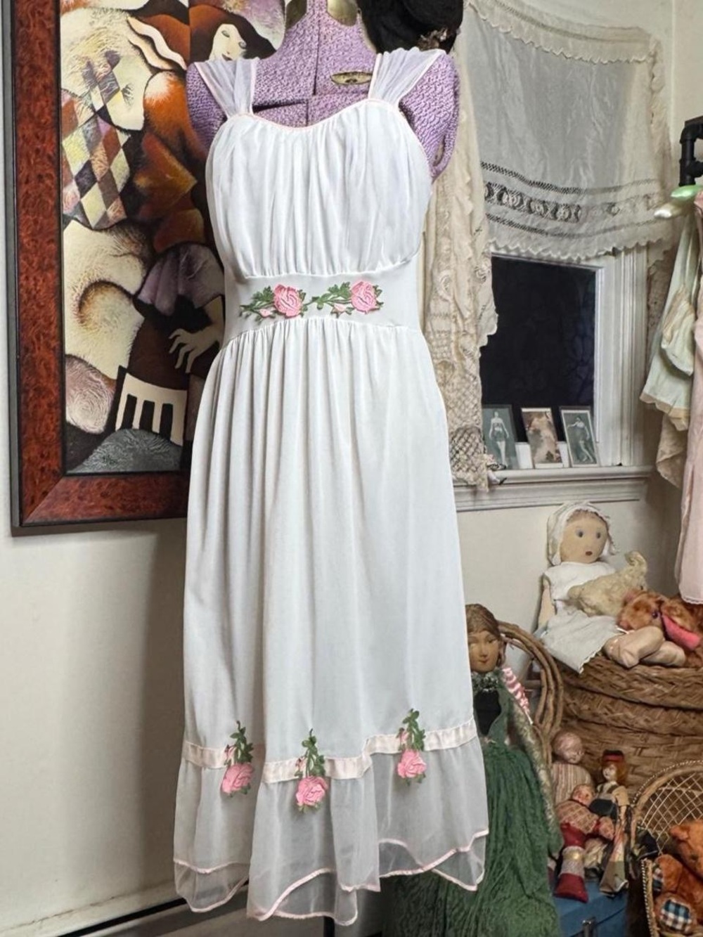 Vintage 1950s white and pink floral detail princess cut nightgown slip dress
